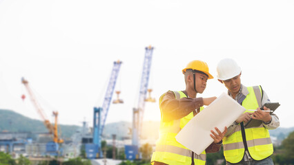 Construction engineers discussion with architects at construction site or building site of highrise...