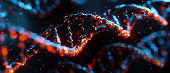 Digital illustration of a DNA double helix glowing with active bio-luminescent highlights, representing genetic research and biotech advancements.
