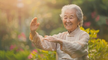 An elderly person happily practicing tai chi or gentle exercise, promoting balance and coordination for fall prevention and health