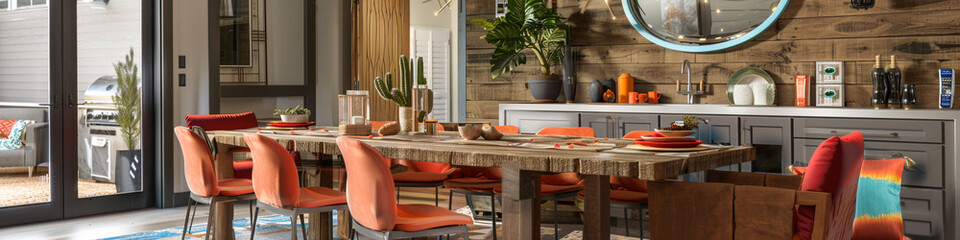 An inviting dining area with rustic wooden accents and pops of vibrant color, featuring copy space...