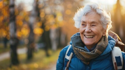 An elderly person smiling while taking a brisk walk outdoors, promoting physical activity for overall health and well-being