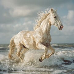 Obraz na płótnie Canvas A white wild horse galloping on the beach