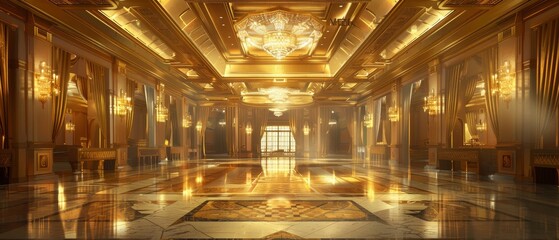 A large, opulent hall with golden walls, floor, and ceiling. There are several chandeliers hanging from the ceiling and the floor is made of marble. - obrazy, fototapety, plakaty