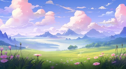 Obraz premium Meadow with fluffy clouds, vibrant flowers under a fantasy moon