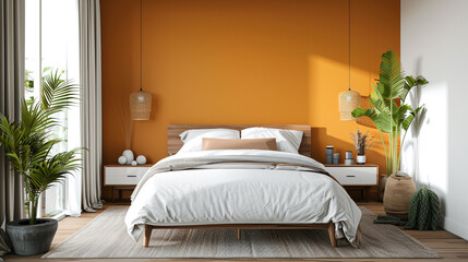 An inviting bedroom with a warm, ochre accent wall and pops of vibrant colors throughout,...