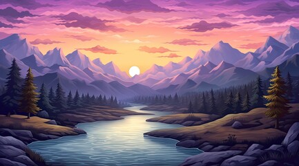 Twilight mountainscape with a serene river flowing through a vibrant valley