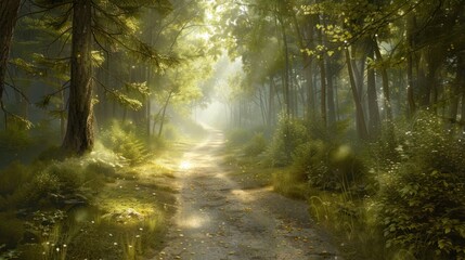A peaceful forest path dappled with sunlight filtering through the trees, beckoning wanderers to embark on a journey of tranquility