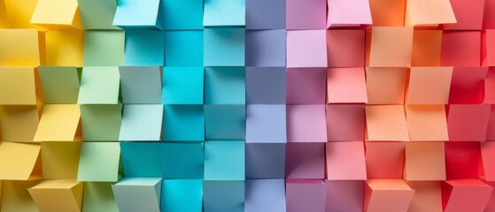 Abstract geometric rainbow colors colored 3d wooden square cubes texture wall background banner  panorama long, textured wood wallpaper, paper note