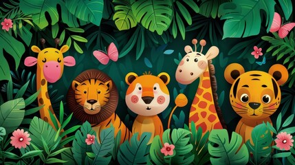 A group of cute cartoon animals in a jungle setting.