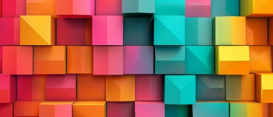 Abstract geometric rainbow colors colored 3d wooden square cubes texture wall background banner illustration panorama long, textured wood wallpaper, paper note