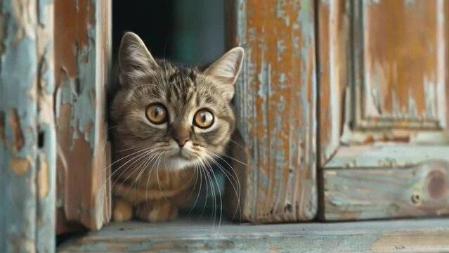 A cat is peeking out from behind a wooden door 4K motion