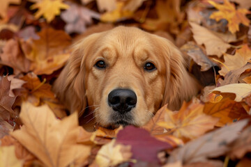 A Golden Retriever peeking out from a pile of autumn leaves.