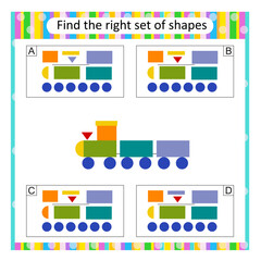 Puzzle for kids. Find the correct set of cartoon train. Answer is B.