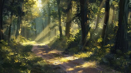 A peaceful forest path dappled with sunlight filtering through the trees, beckoning wanderers to embark on a journey of tranquility