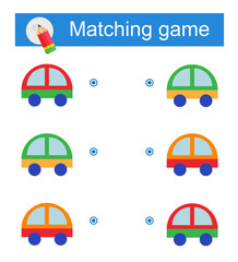 Matching game for kids. Task for the development of attention and logic. Vector illustration of cartoon car.