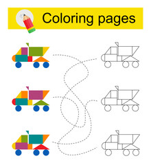 Educational game for kids. Go through the maze and color a cartoon dump truck according to the pattern.