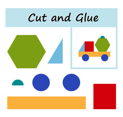 Educational paper game for kids. Cut parts of the image and glue on the paper. DIY worksheet. Vector illustration of cartoon car from geometric shapes.