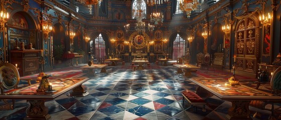 A grand hall with a checkered marble floor, ornate chandeliers, and a large stained glass window. - obrazy, fototapety, plakaty