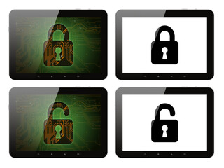 Set of Tablet PCs with lock on its screen, isolated on transparent background, internet security concepts