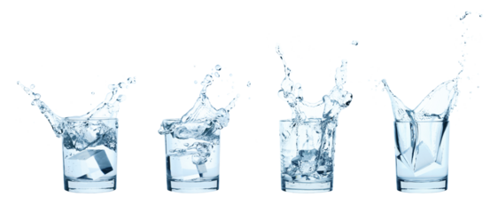 Set of Glasses with Water Splashes and Falling Ice Cubes, isolated on white background