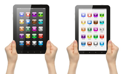 Set of Woman hands holding Tablet PC with interface on its screen, isolated on transparent background