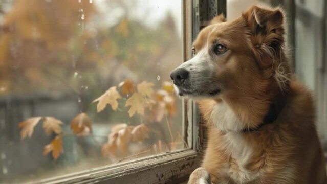 A dog is looking out the window at the leaves falling outside 4K motion