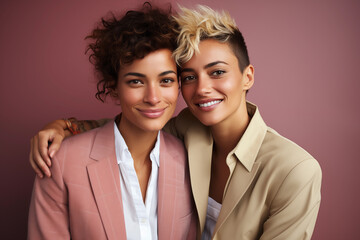 Happy inlove lesbian couple on studio background. Diversity, Lgbtq people concept. Copy space