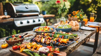 barbecue grilled vegetables waiting to be eaten on a vintage wooden table outdoors