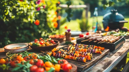  barbecue grilled vegetables waiting to be eaten on a vintage wooden table outdoors © Rosie