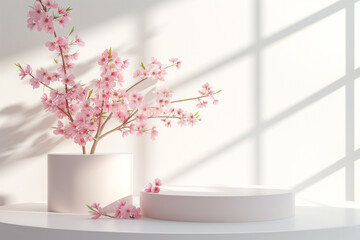 Empty podium display stand for product presentation with cherry blossom flower on background