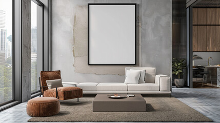 An empty frame mock-up on the wall serves as a focal point in a contemporary living room, awaiting personalization.