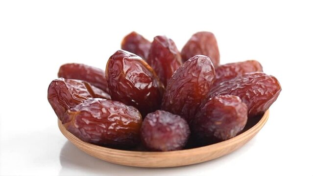 Dates fruit. Date fruits isolated on white background. Heap of Medjool dates rotating in wooden bowl close up. Tasty and healthy vegan Food