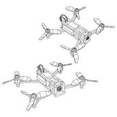 FPV Drone Racing freestyle sport flight. Hobby toys. Wireframe low poly mesh vector illustration.