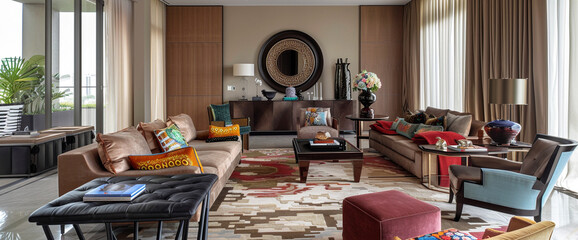 An elegant living space with a sophisticated mix of muted tones and pops of bold color, adorned...