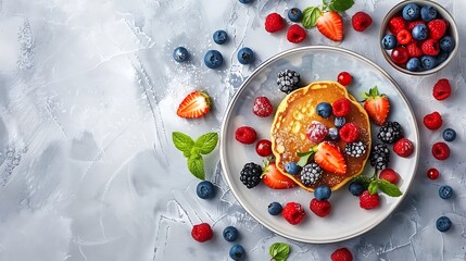 Breakfast background with fresh pancakes and berries on light gray concrete table