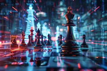 A digital rendering of a chessboard with black and white pieces. The background is a blurred cityscape with a blue and purple tint.