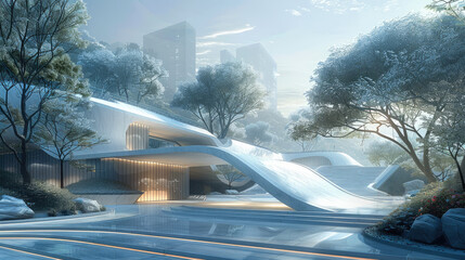 Design concept showing a large sheltered plaza leading up to a hill like commercial development...