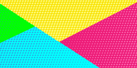Vibrant geometric dotted background featuring bold yellow, pink, green and blue sections, pop art inspired halftone dot patter vector