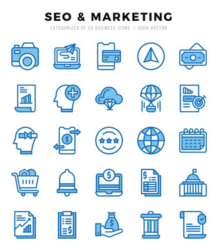 Set of SEO & Marketing Icons. Simple Two Color art style icons pack.