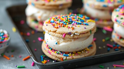Fototapeta na wymiar Celebrate with these cookie ice cream sandwiches. Rainbow sprinkles and vanilla ice cream