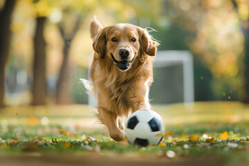 A Golden Retriever playing with a soccer ball.