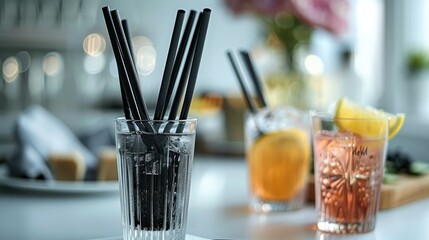 A set of black straws on a white table, a couple of cocktails on background. Generative AI.