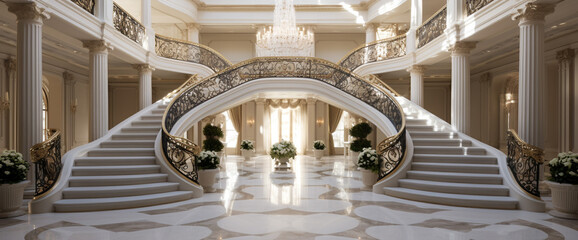 An elegant hallway with marble floors and crystal chandeliers, leading to a grand staircase.