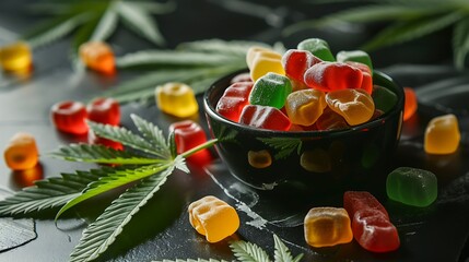 Colored gum candy jelly with marijuana leaves on a black glass background - obrazy, fototapety, plakaty