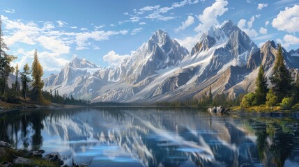 Fototapeta premium mountain lake reflecting the majestic peaks of the surrounding landscape, inspiring feelings of tranquility and awe