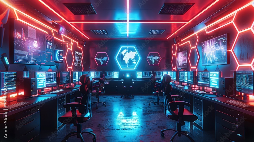 Poster An office interior with multiple computer monitors, futuristic neon lighting and hexagonal designs on the walls, The room is filled with advanced tech equipment. Generative AI.