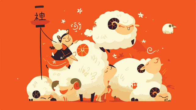 Happy new year 2015.Year of sheep. 2d flat cartoon