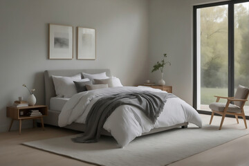 Fototapeta na wymiar Moderne Schlafzimmergestaltung mit neutralen Tönen, gemütlichem Ambiente und stilvollen Möbeln für ein elegantes Zuhause