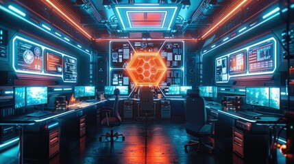 An office interior with multiple computer monitors, futuristic neon lighting and hexagonal designs...