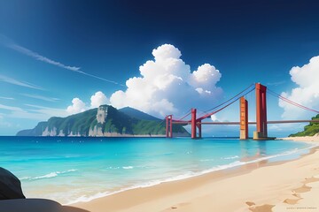美しい透明度の高いアクアブルーの海と橋のある異世界海岸ゲーム背景風